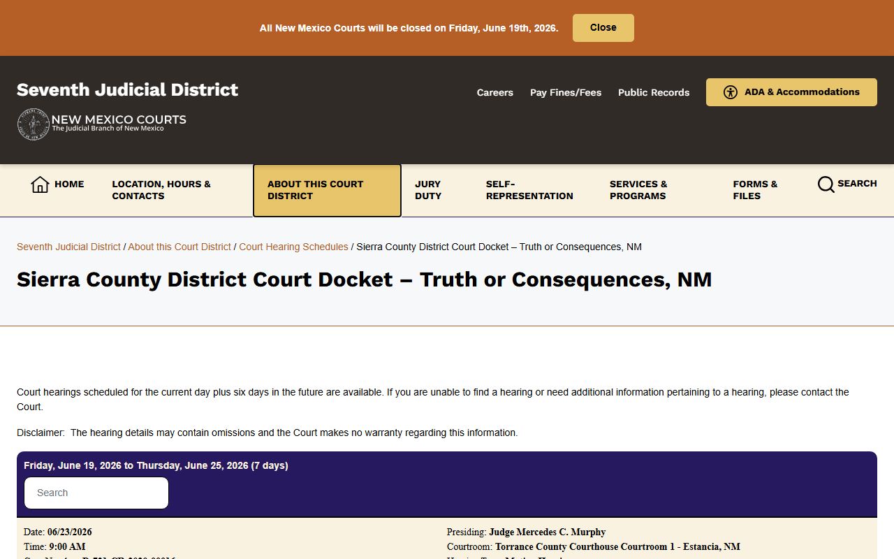 Sierra County court dockets district court schedule