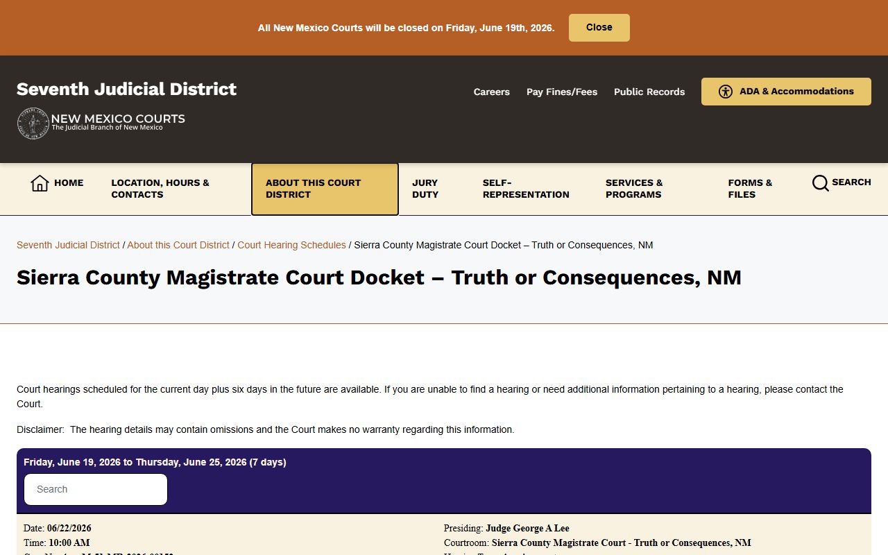 Sierra County court dockets magistrate court schedule