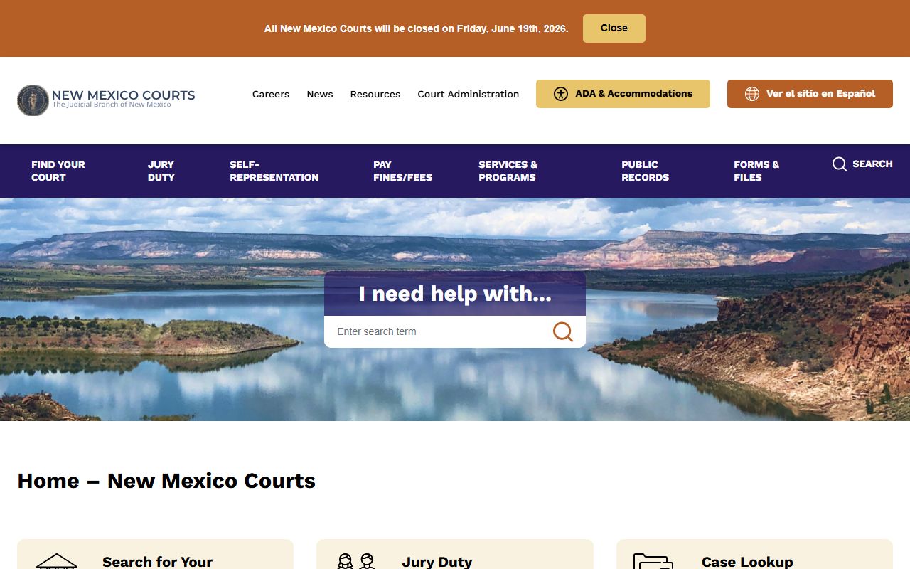 New Mexico Courts homepage for statewide court services and case access