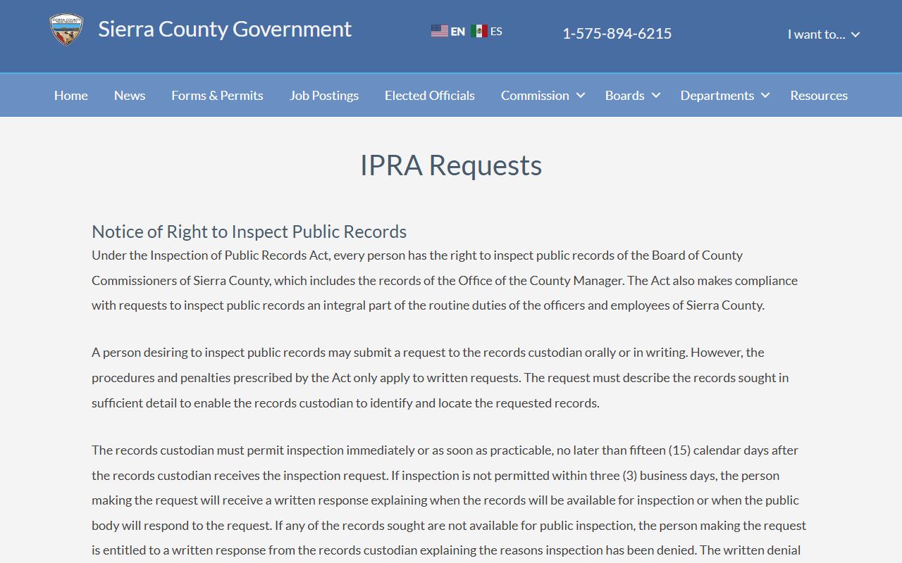 Sierra County IPRA request form for public records