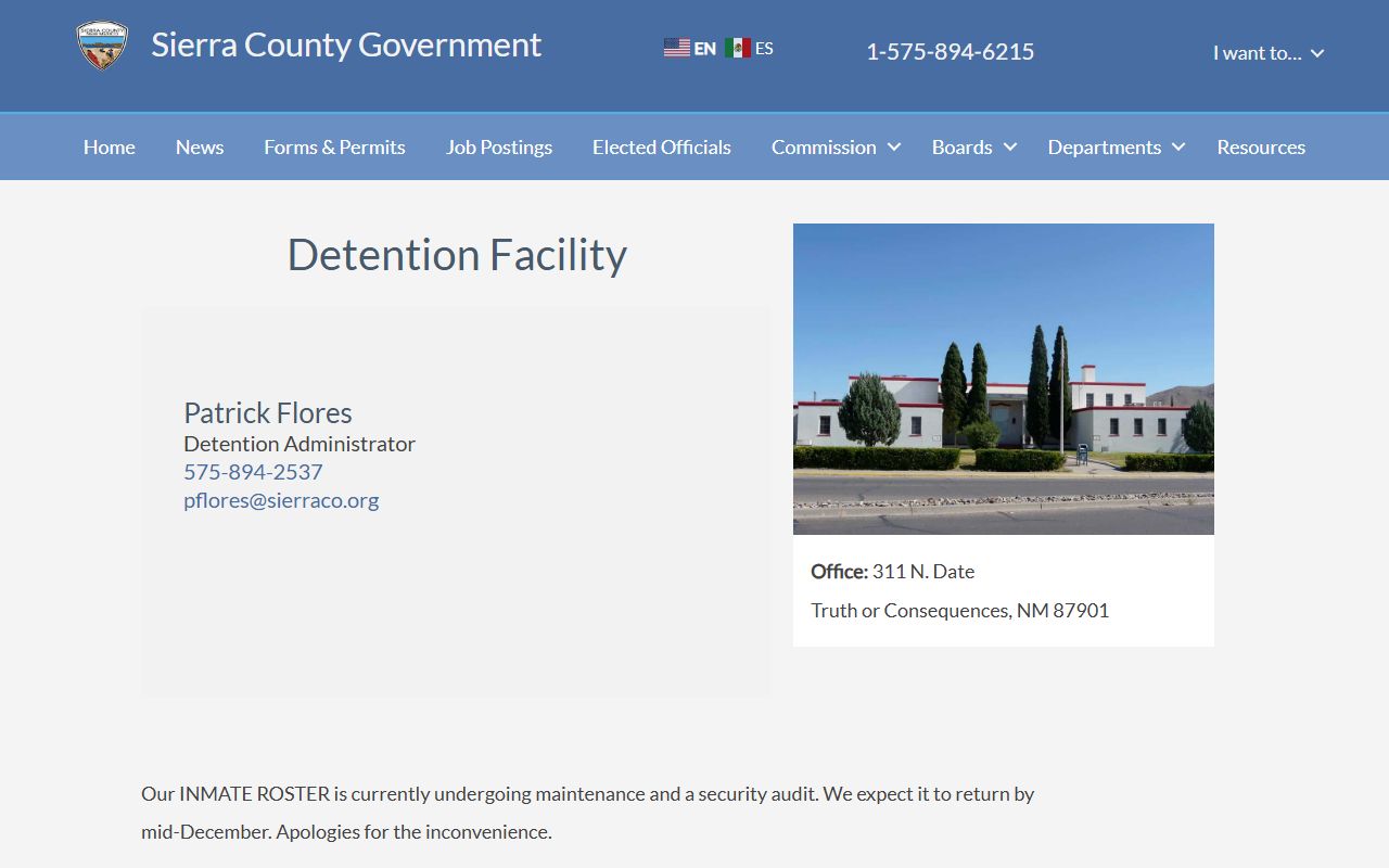 Sierra County inmate records detention facility roster maintenance page