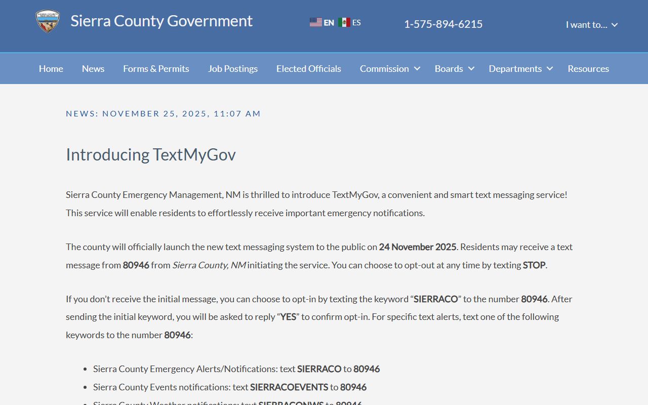 Sierra County warrant records TextMyGov county alert announcement
